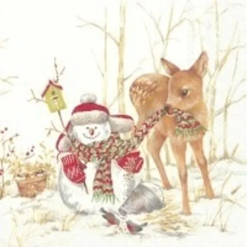 1 serviette en papier noel - bonhomme de neige - biche - ref 412
