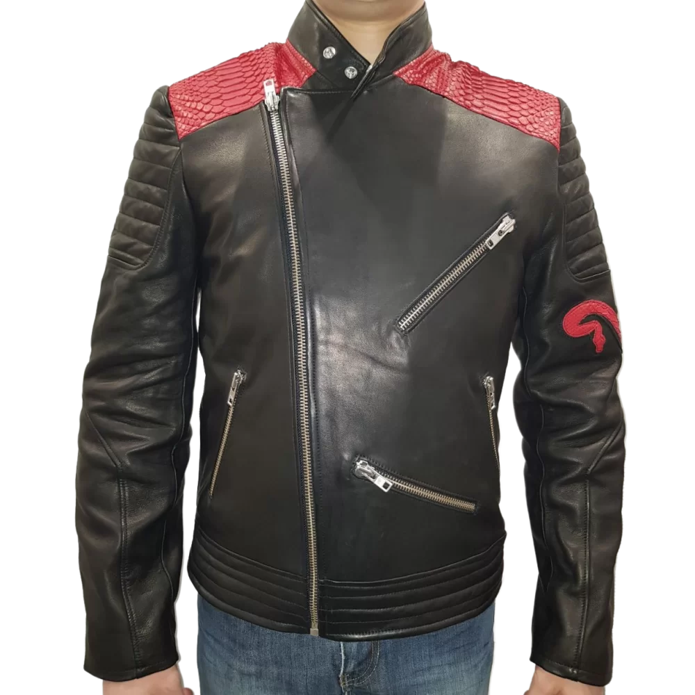 Blouson modèle Cerbère en vachette plongé noir avec motifs serpent python rouge véritable