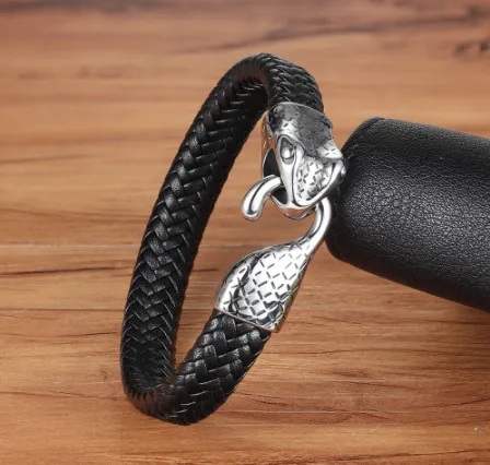 Bracelet en cuir véritable noir serpent 3