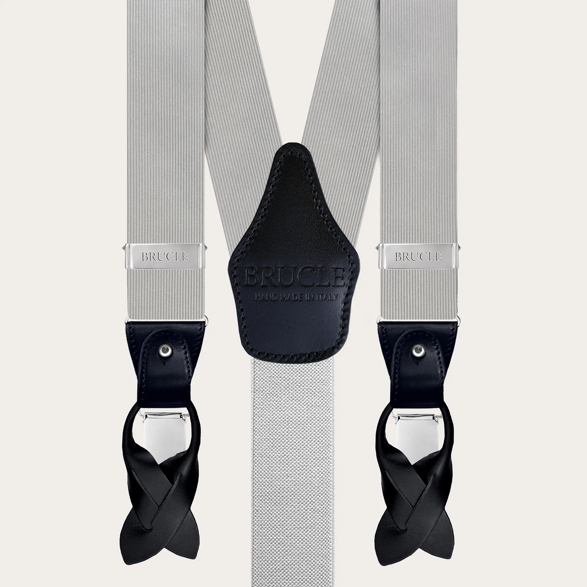 Bretelles homme gris en soie avec cuir noir | Bretelles de cérémonie BRUCLE