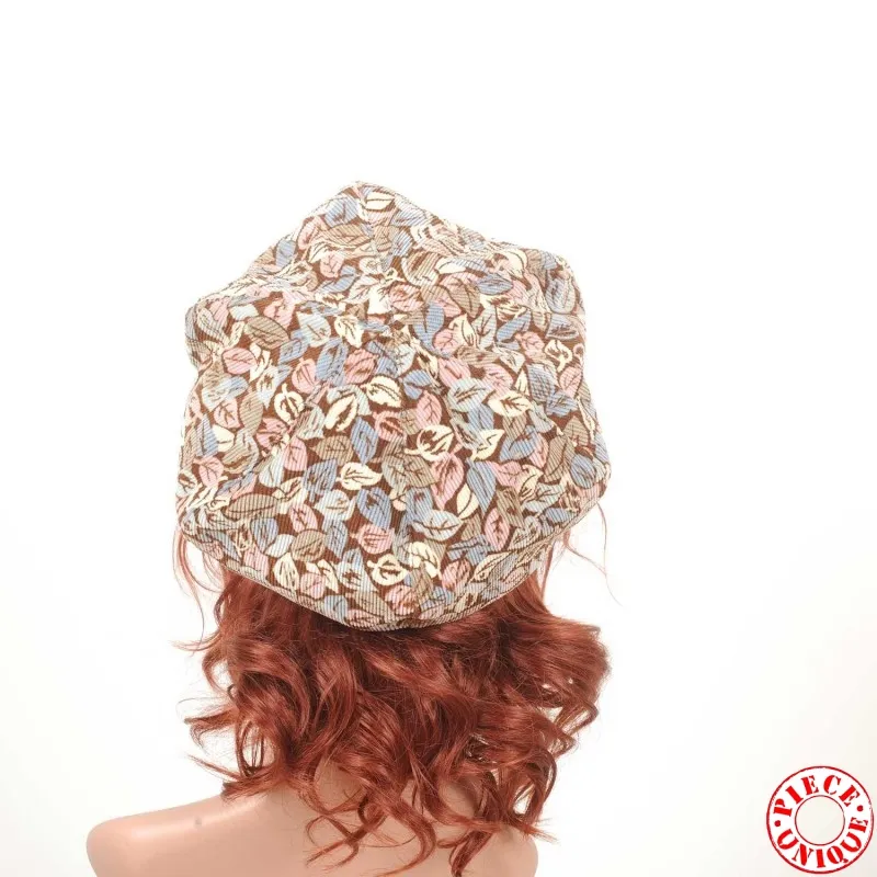 Béret velours milleraies fleuri taupe, rose, bleu