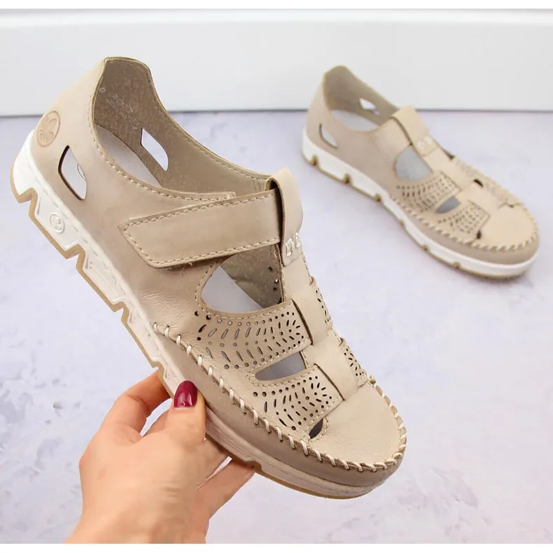 Chaussures femme en cuir ajouré avec velcro, beige Rieker 49958-61