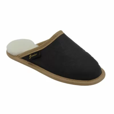 Fourrures Grenier | Pantoufle mule en cuir et mouton véritable – noir avec bordure chamois