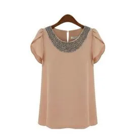 Haut en Chiffon pour Femme Manches Courtes Col Fantaisie Détails
