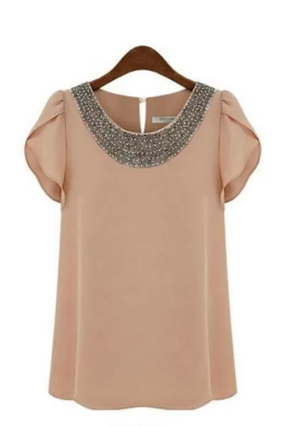 Haut en Chiffon pour Femme Manches Courtes Col Fantaisie Détails