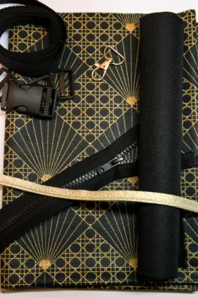 Le kit de couture sac banane Charly (toutes tailles) - Tissu enduit soleil levant or fond noir / toile à sac imperméable noire