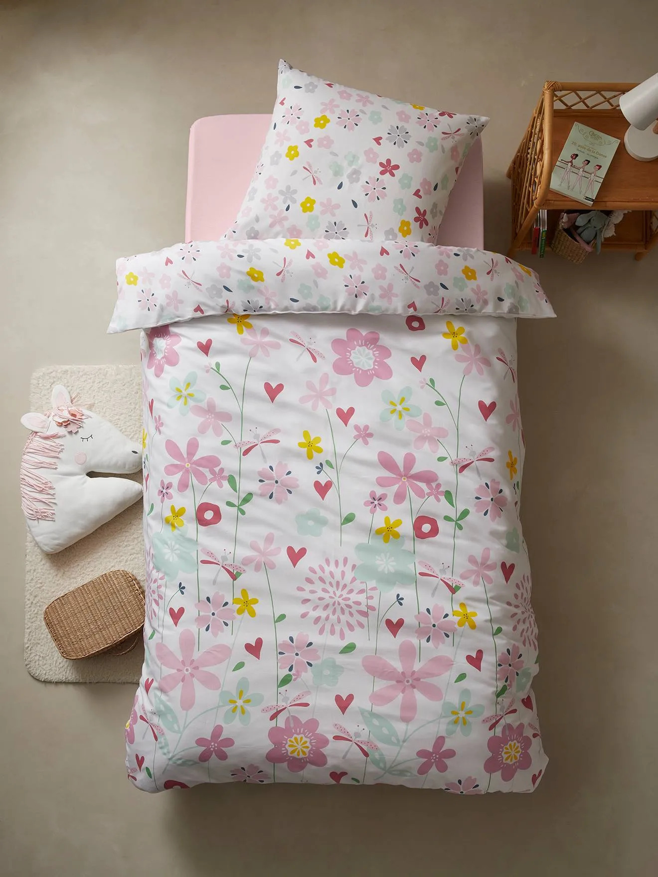 Parure housse de couette + taie d'oreiller enfant polyester et coton FLOR'AILES blanc imprimé - Vertbaudet