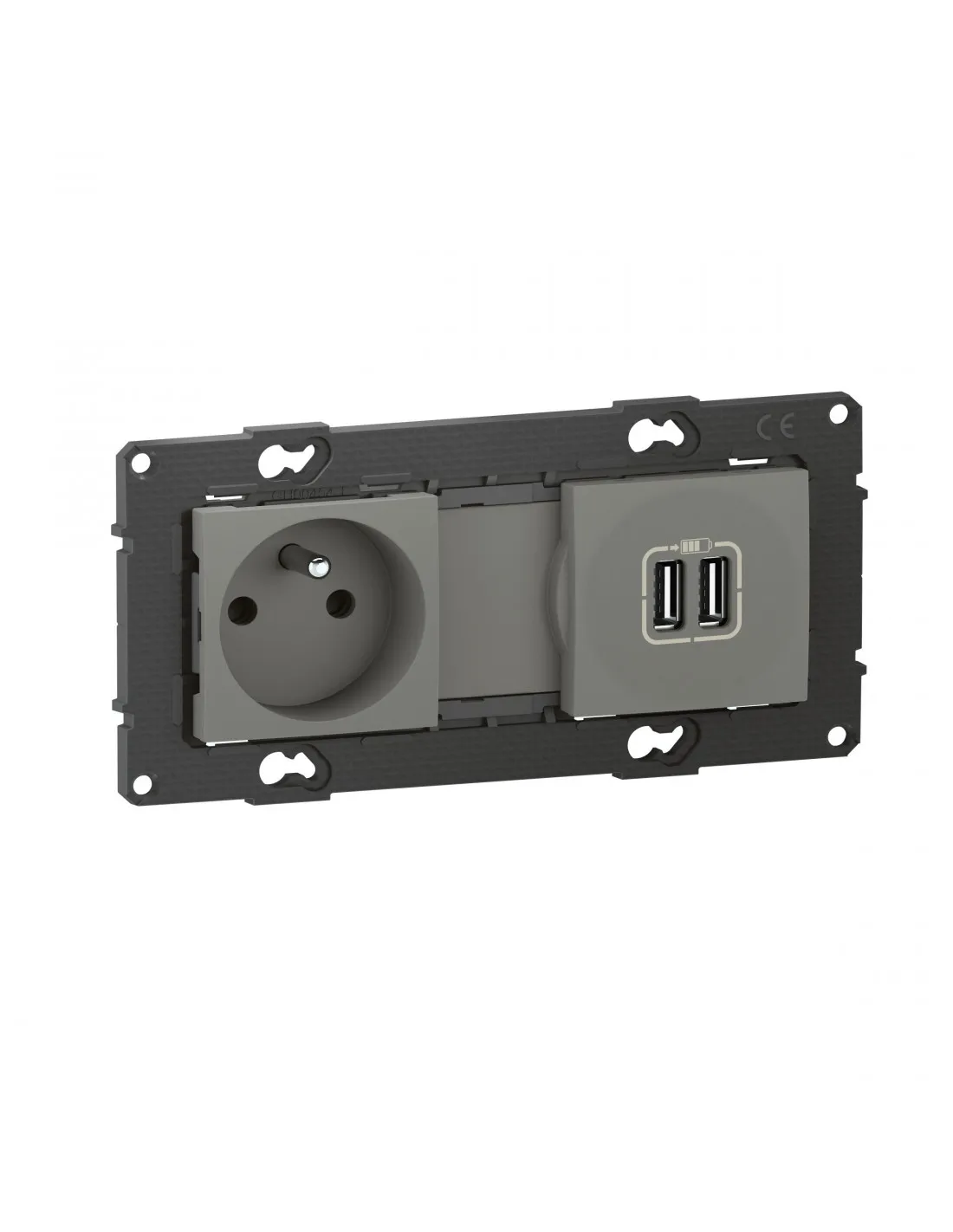 Prise de courant 16A + chargeur 2 USB 2,4A précâblées Altège finition Nuage BTICINO BTAL31CD