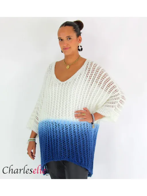 Pull ajouré mohair bicolore FAUSTINE blanc et bleu