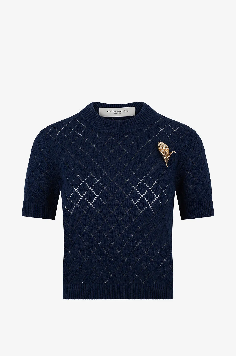 Pull raccourci ajouré à manches courtes avec broche