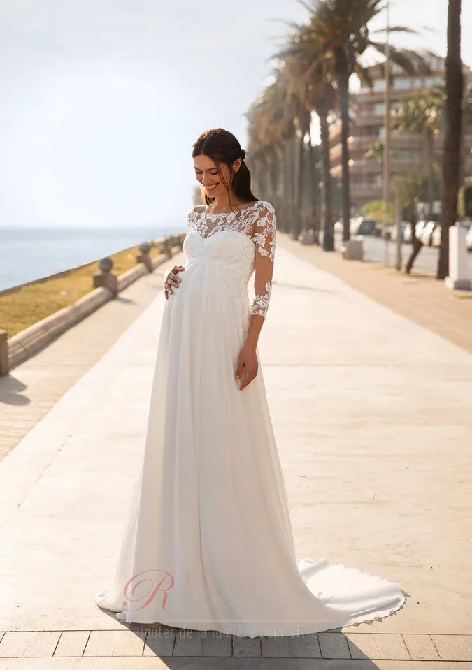 Robe de mariée Chiffon Longue Empire Simple Plage Grossesse