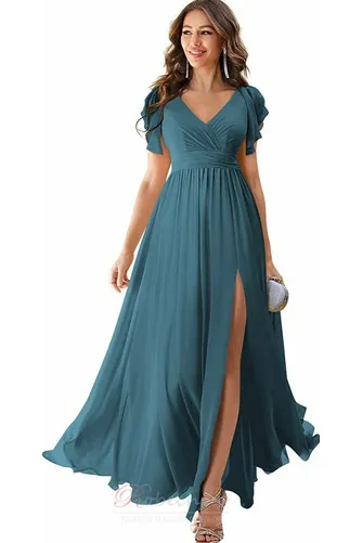 Robe de Soirée A-ligne Col en V Chiffon Au Drapée Manche Lâche Simple