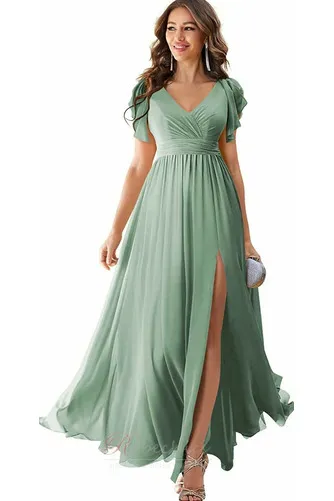 Robe de Soirée A-ligne Col en V Chiffon Au Drapée Manche Lâche Simple
