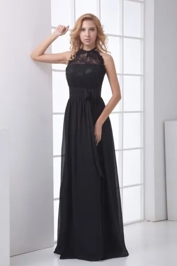 Robe de soirée noire longue à encolure ajouré dentelle ornée d un noeud papillon