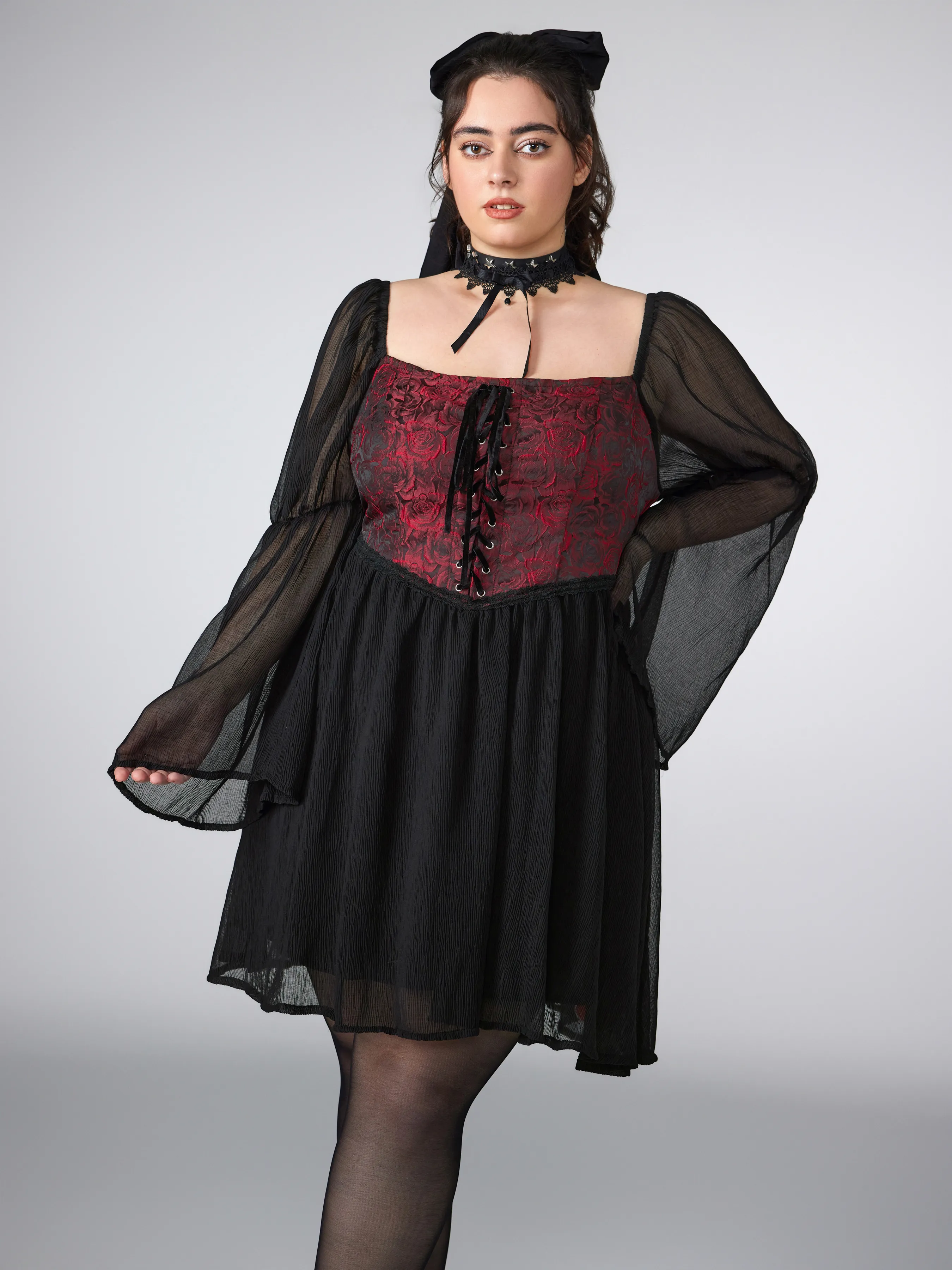 Robe Mini à Manches Longues Bouffantes et Corset Floral en Chiffon à Col Carré Curve & Plus