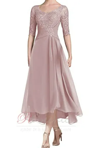 Robe Mère de Mariée Asymétrique Col U Profond Chiffon 1/2 Manche Perler