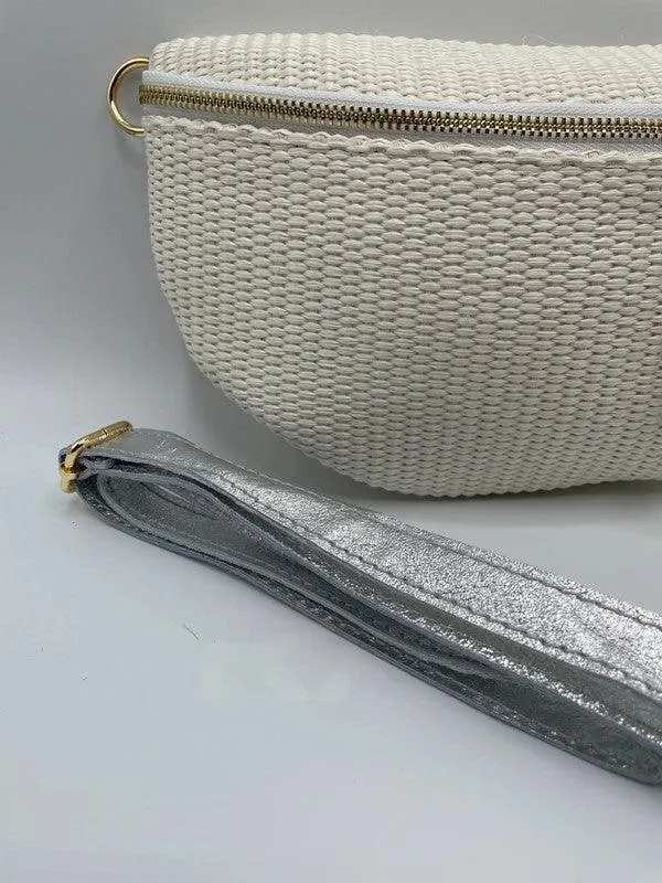 Sac banane tressé bandouliere cuir beige argent