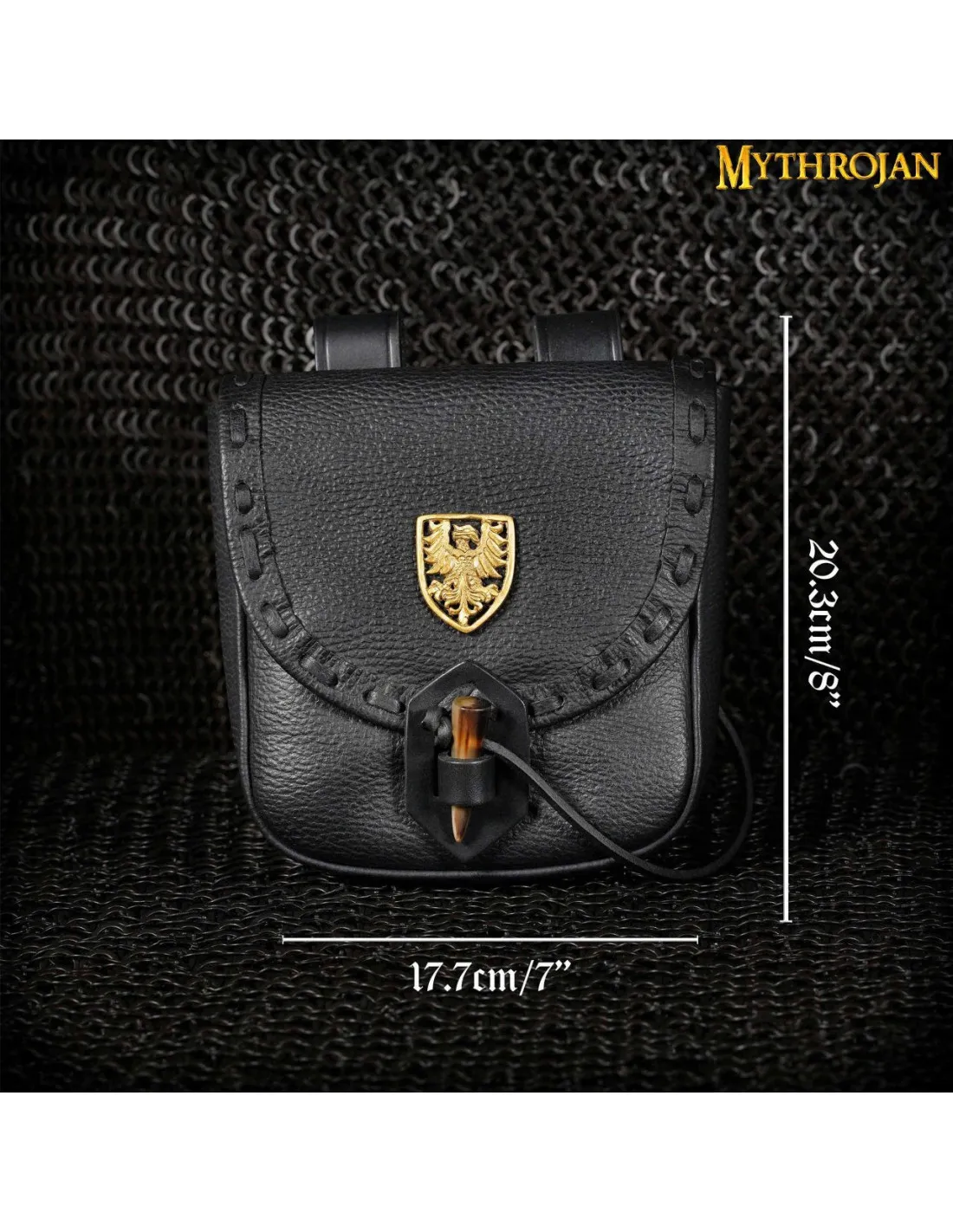 Sac d'aventurier médiéval noir, type sac banane, avec aigle ⚔️ Boutique Épées