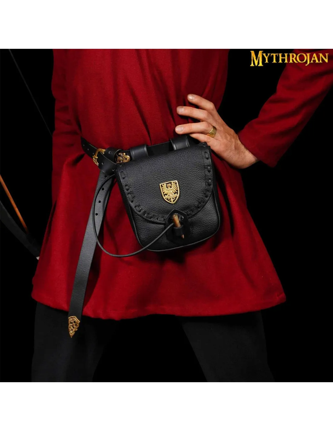 Sac d'aventurier médiéval noir, type sac banane, avec aigle ⚔️ Boutique Épées
