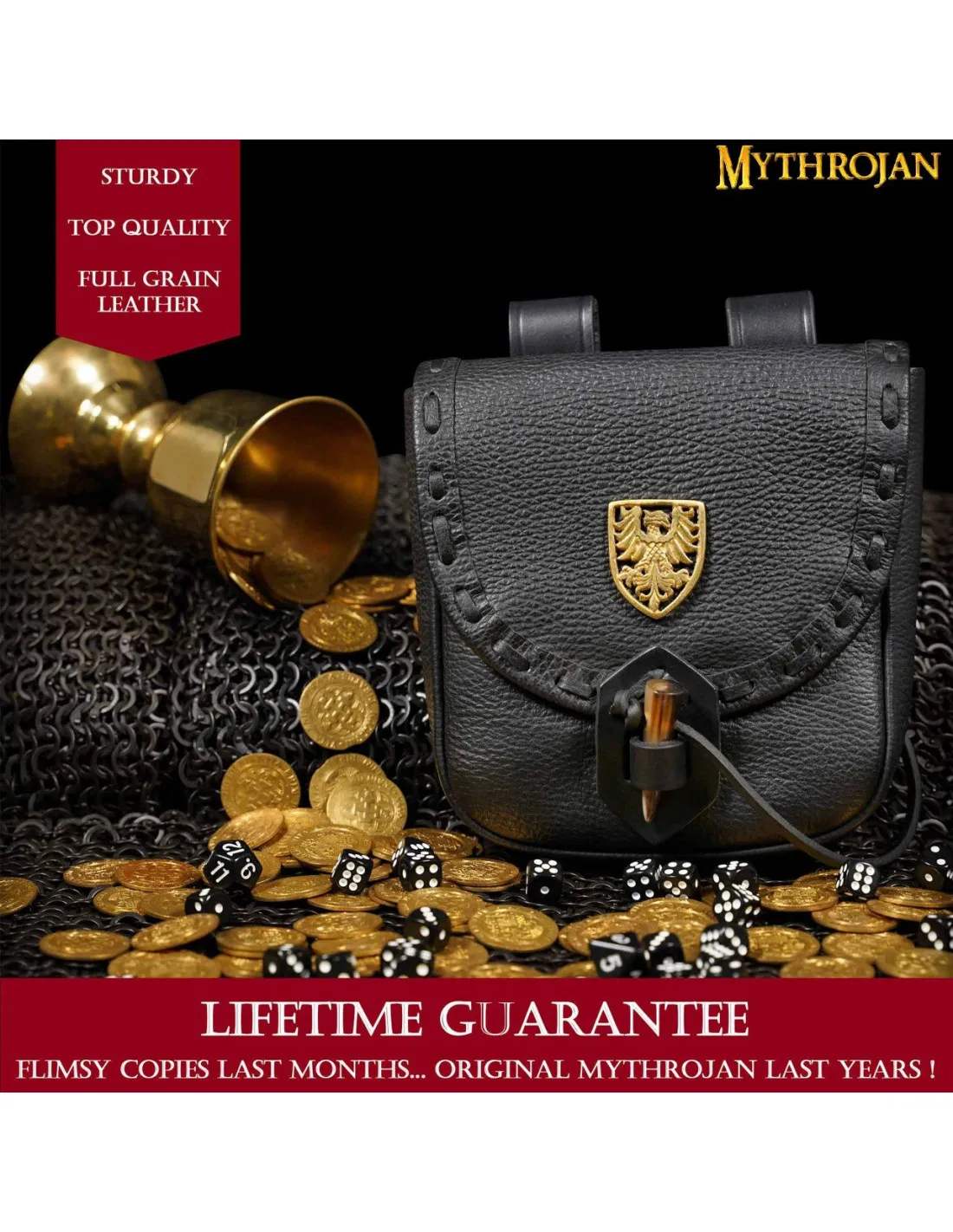 Sac d'aventurier médiéval noir, type sac banane, avec aigle ⚔️ Boutique Épées