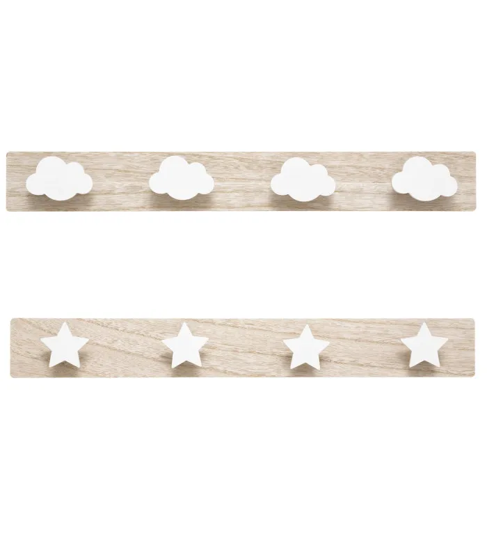 Set de 2 portemanteaux enfant blanc et bois nuage et étoiles 55x4.5x7cm