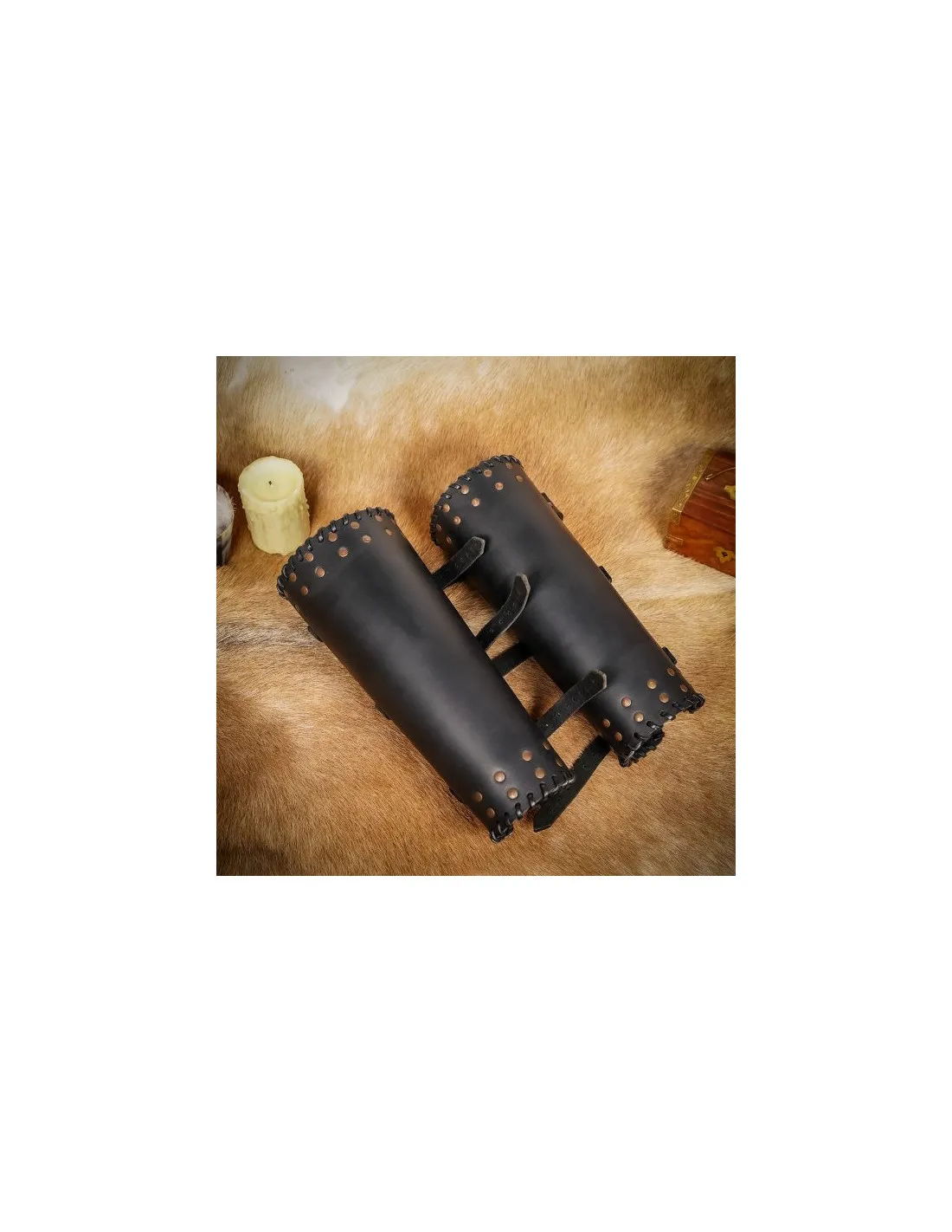 Viking greaves cuir noir véritable avec clous ⚔️ Boutique Épées